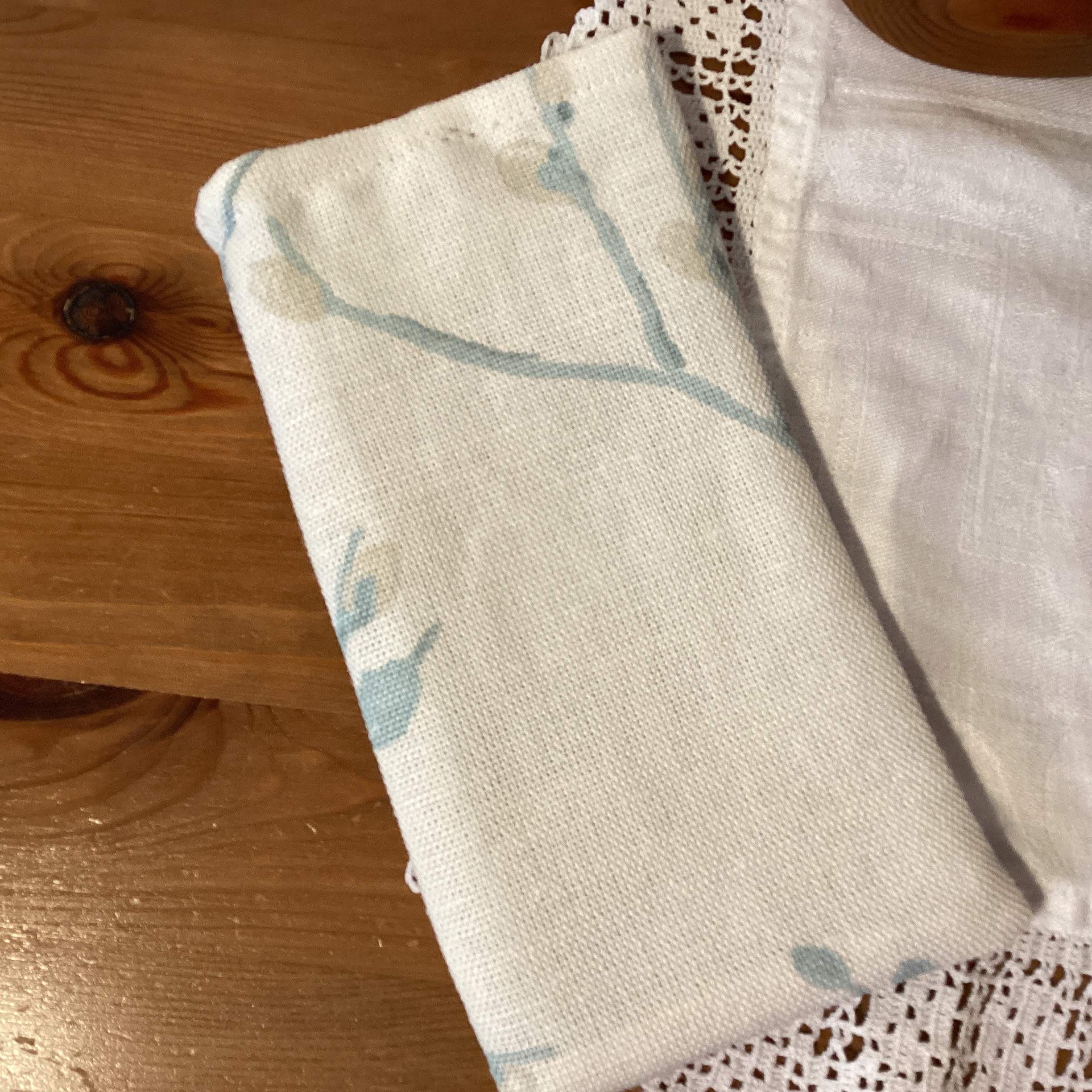 Glasses case - cream linen with pale turquoise flower stems