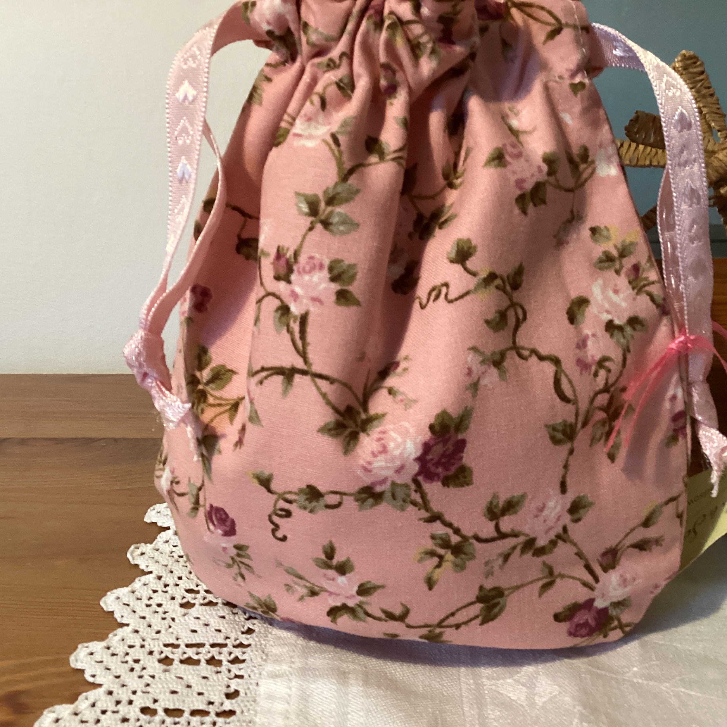 Drawstring Bag - pink ditsy flowers