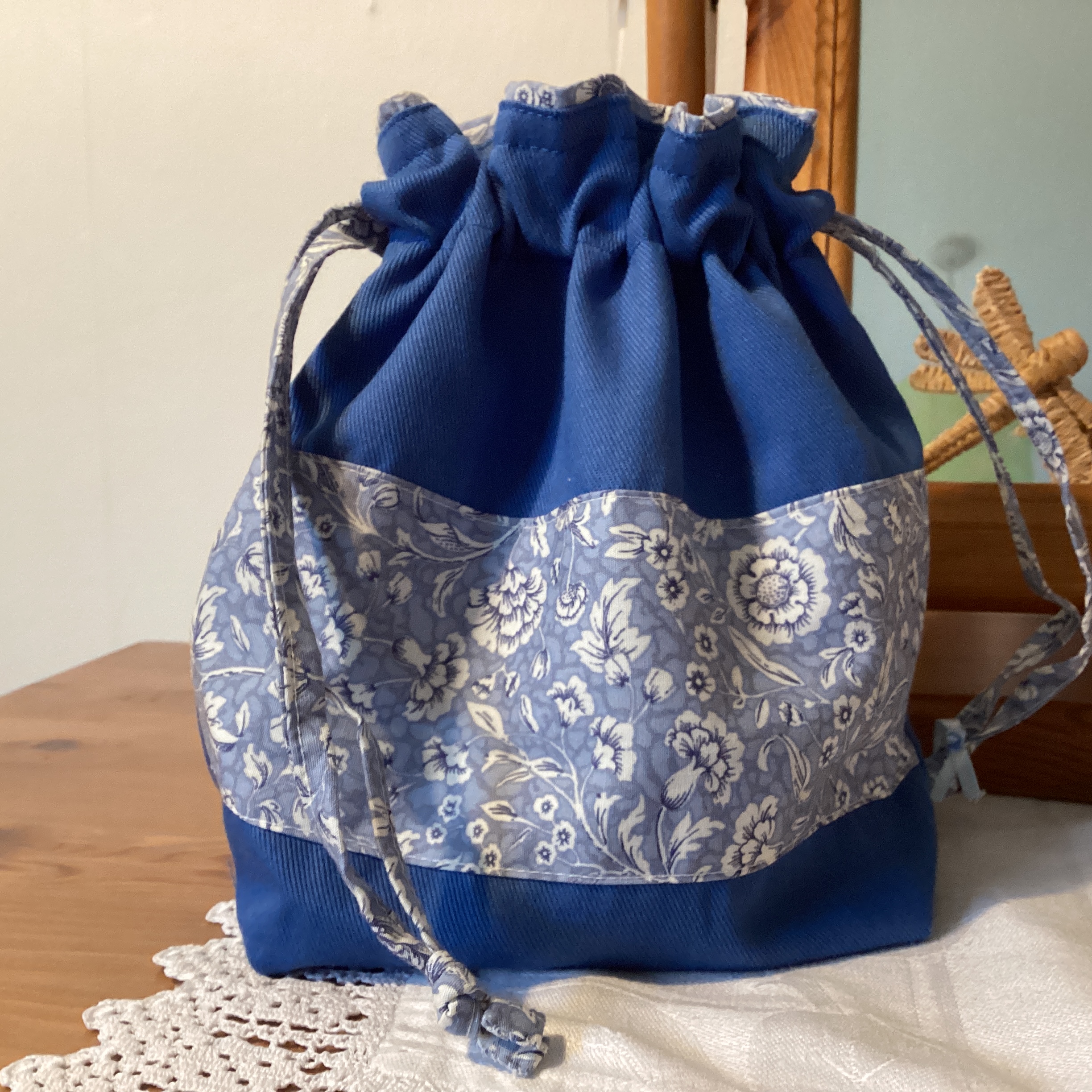 Drawstring Bag - bright blue with floral panel