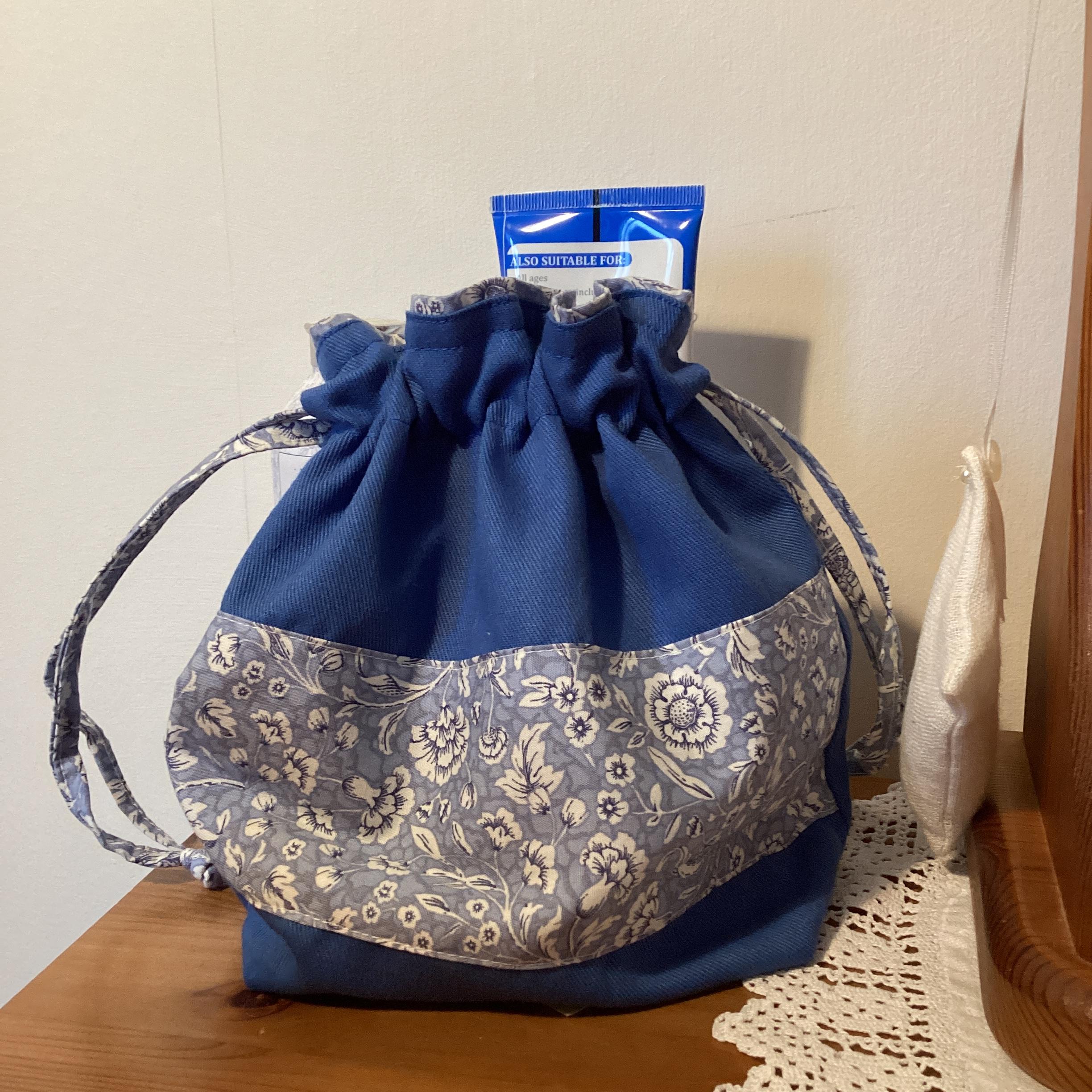 Drawstring Bag - bright blue with floral panel