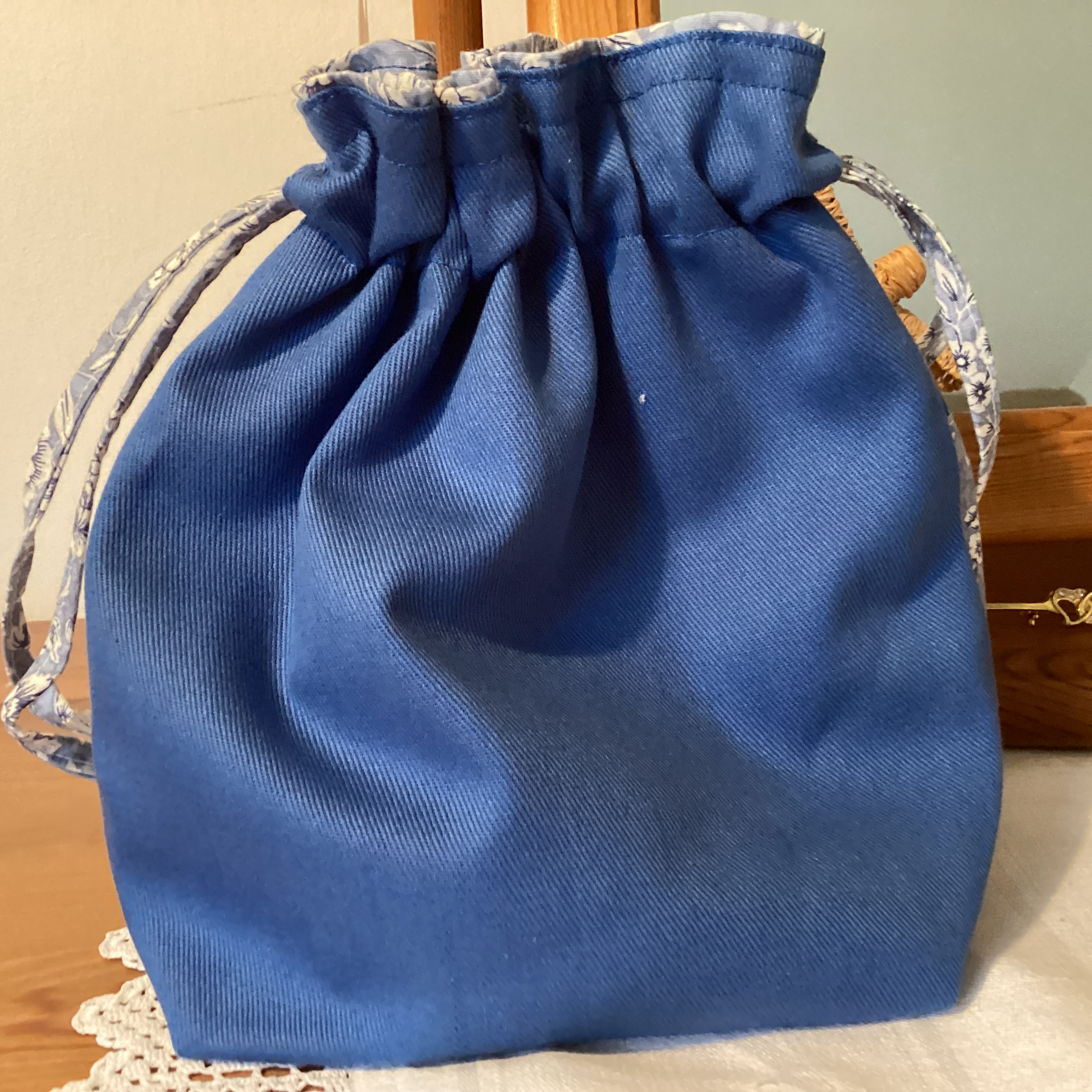 Drawstring Bag - bright blue with floral panel