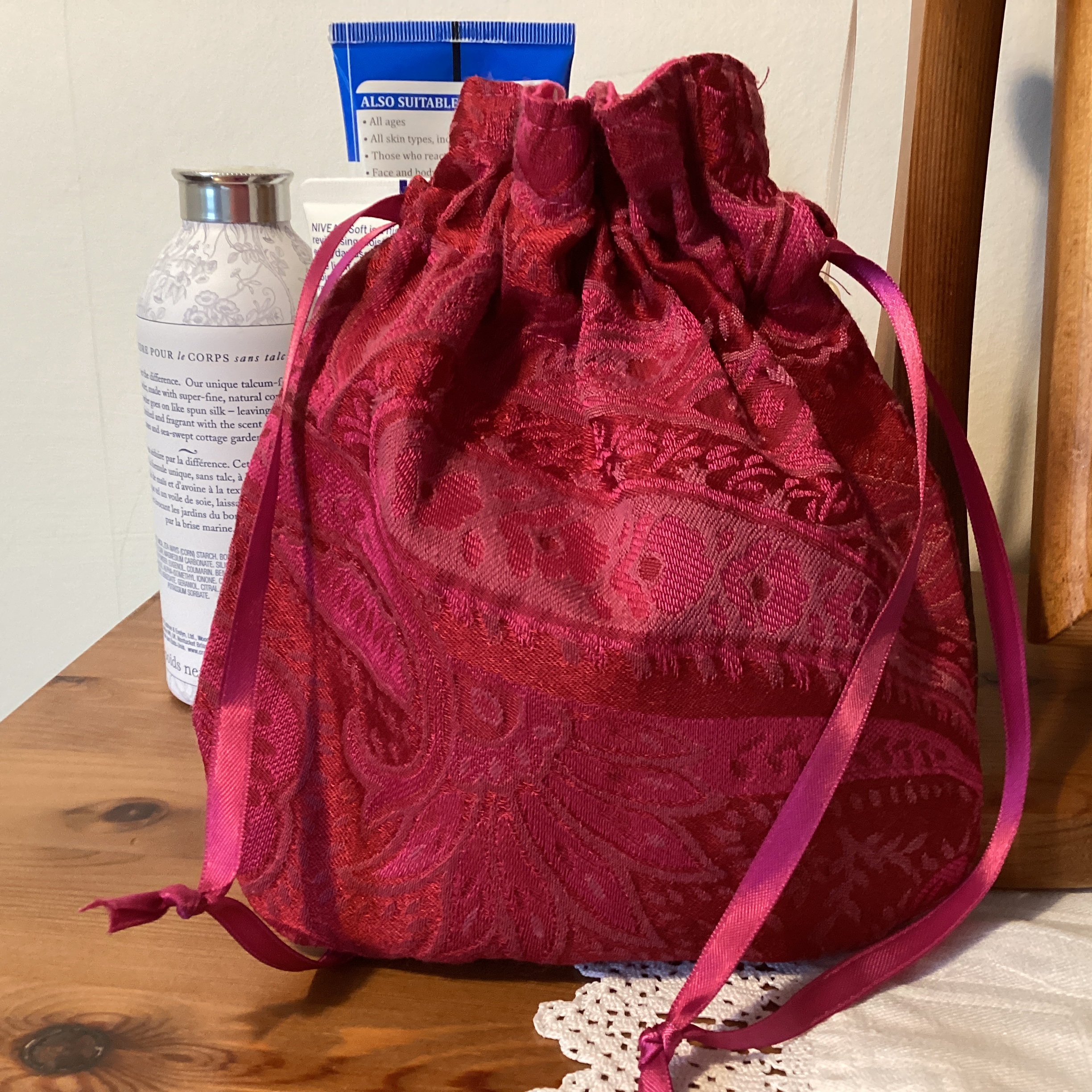 Drawstring Bag - pink brocade with ribbon