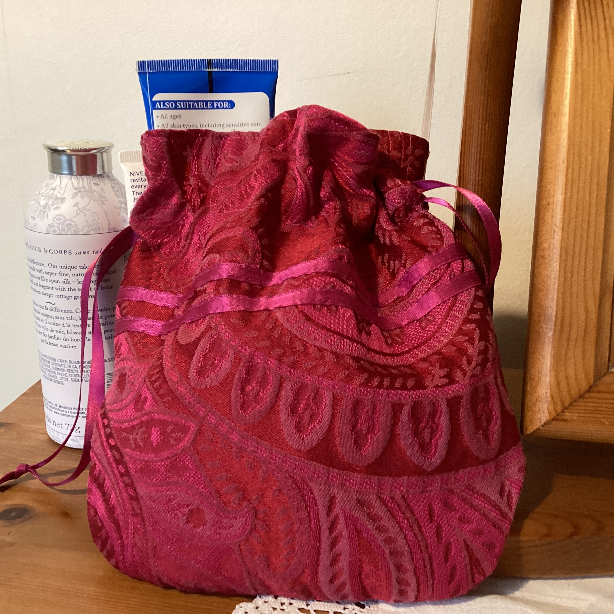 Drawstring Bag - pink brocade with ribbon