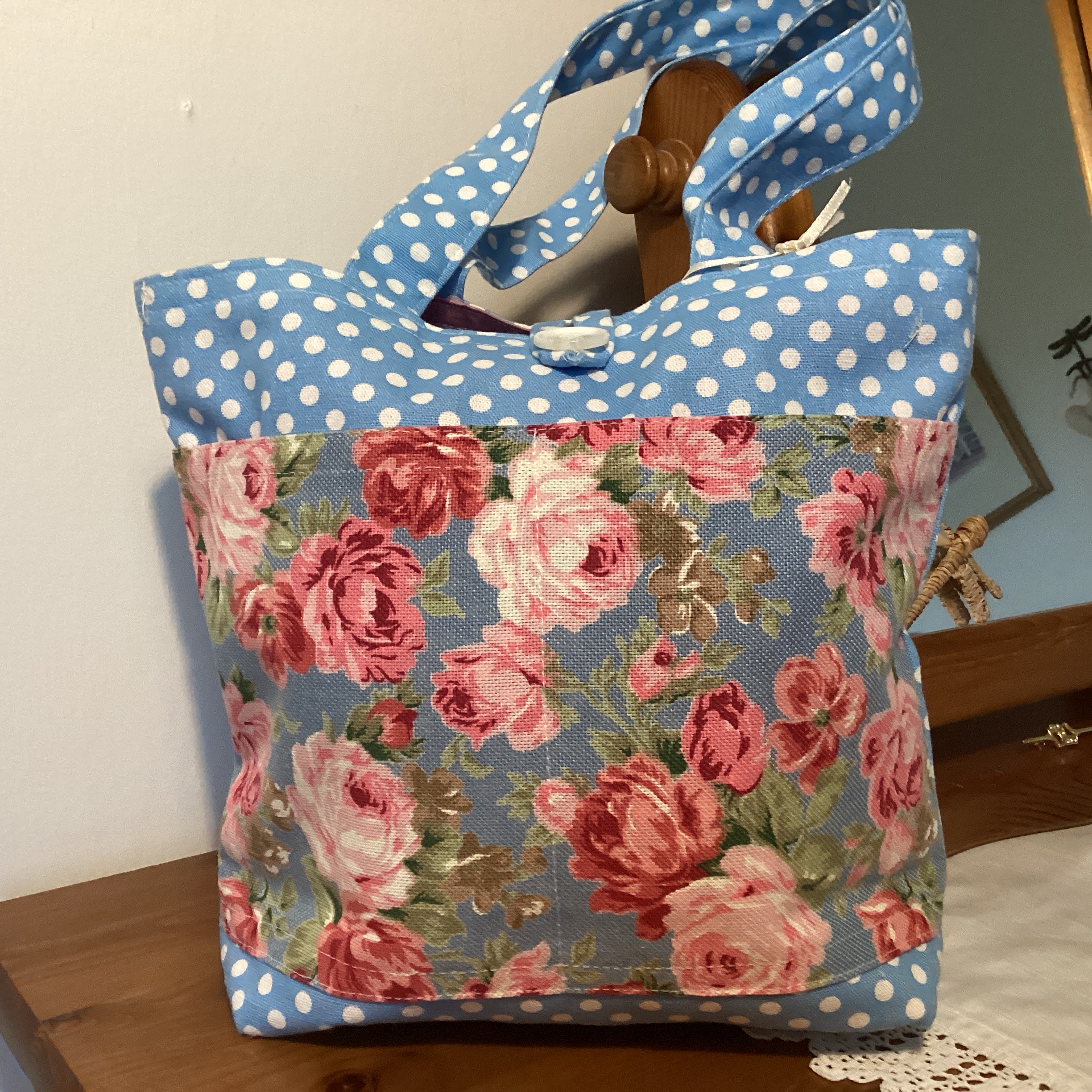 Small Tote Bag - blue and white spot with floral panel pocket