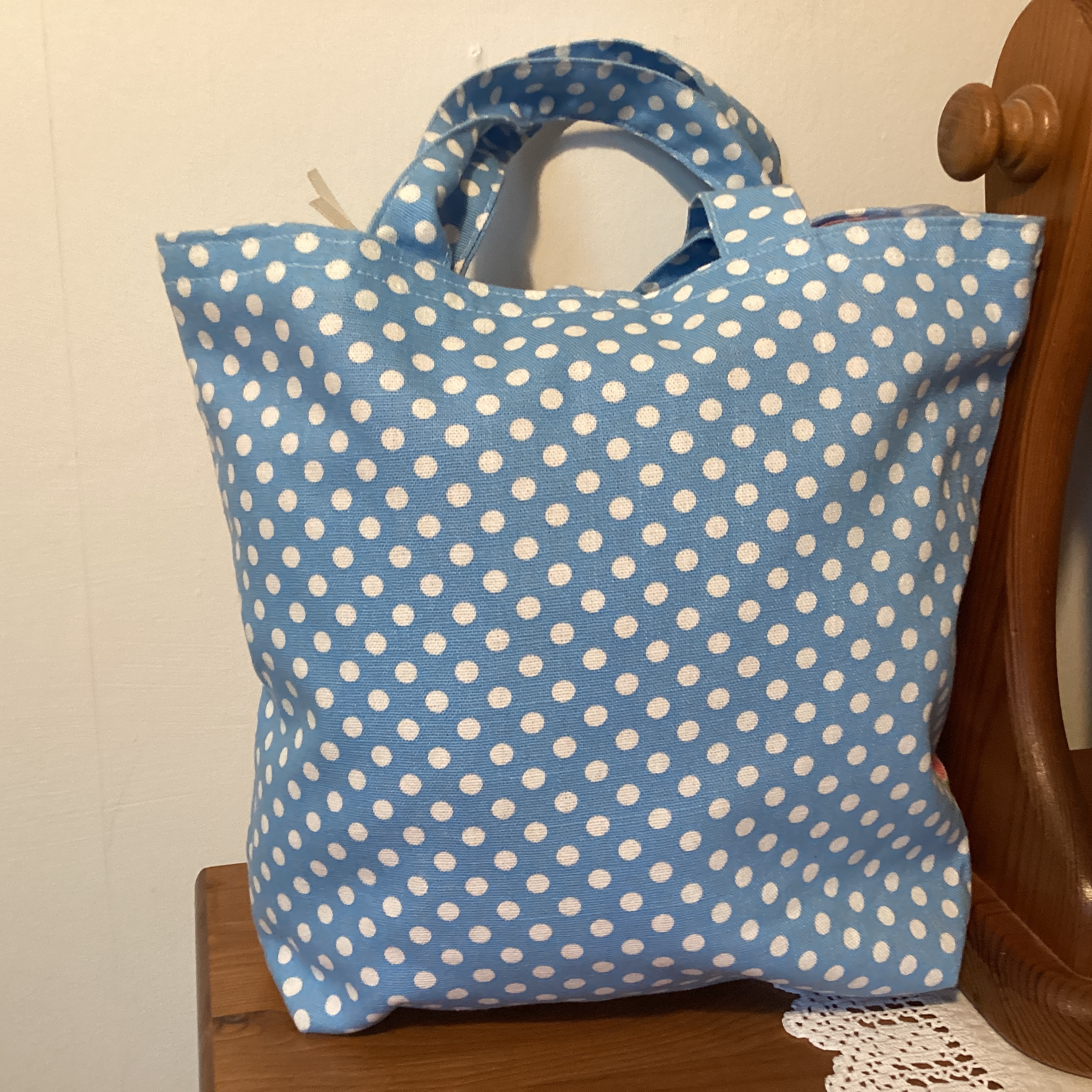 Small Tote Bag - blue and white spot with floral panel pocket