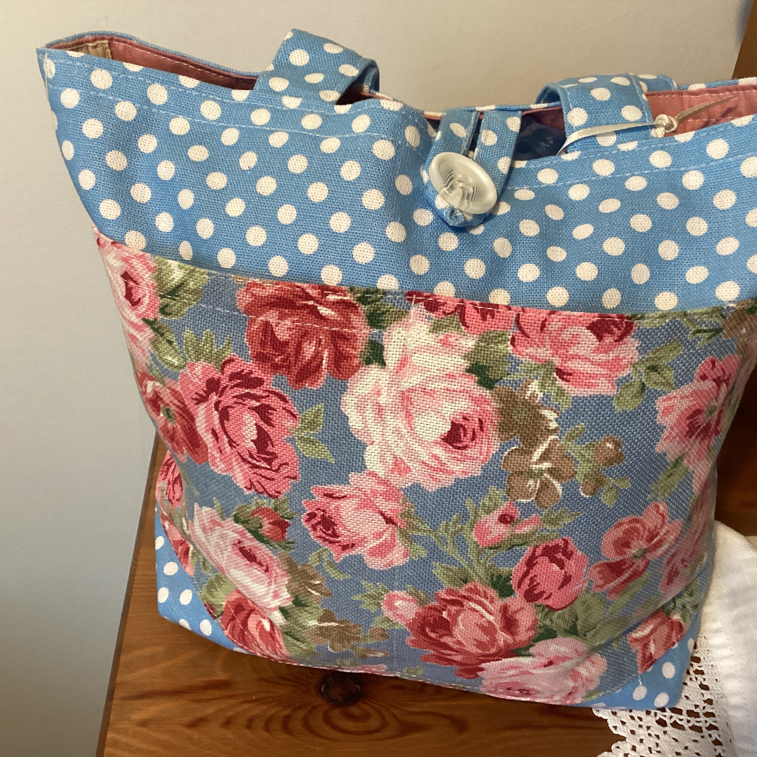 Small Tote Bag - blue and white spot with floral panel pocket