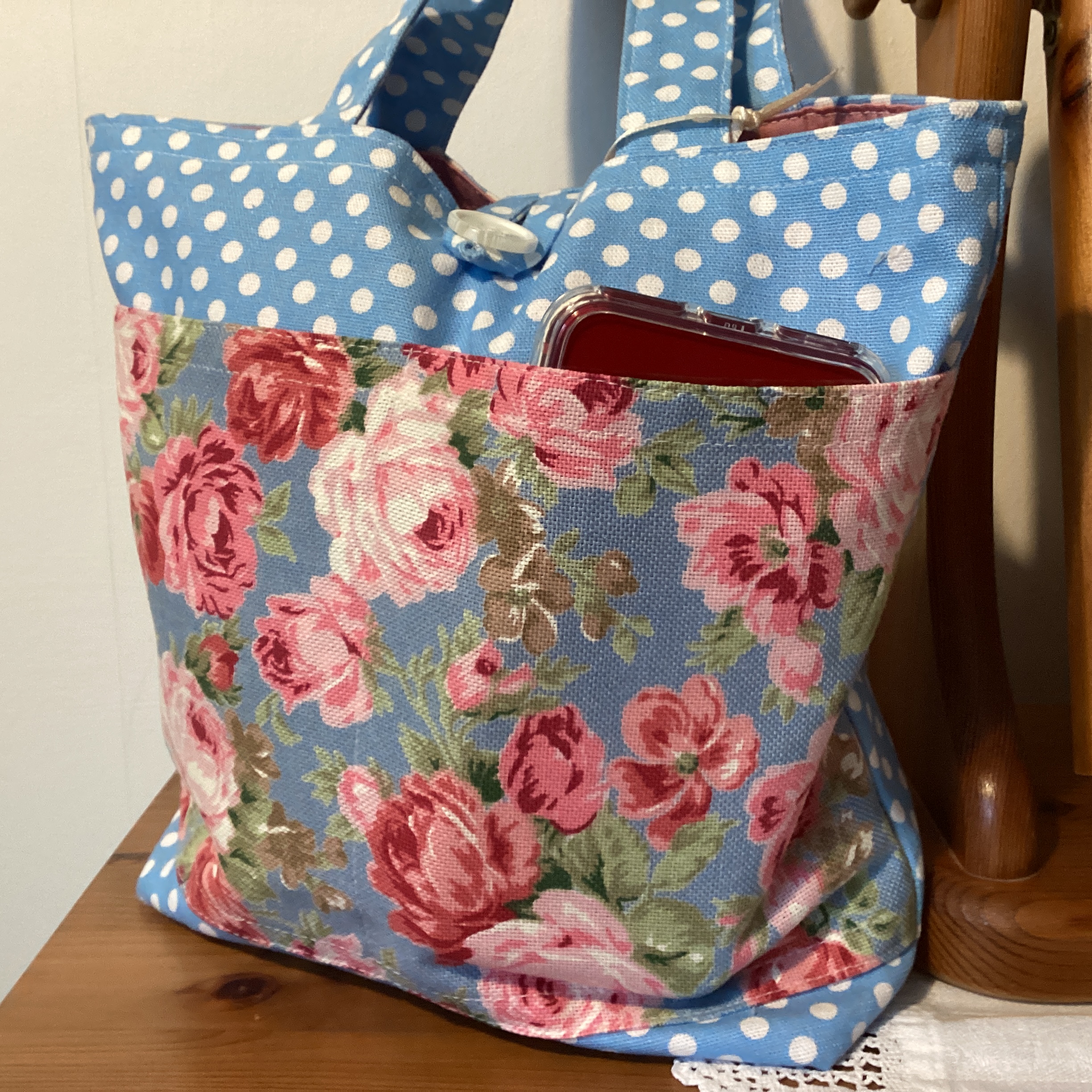 Small Tote Bag - blue and white spot with floral panel pocket