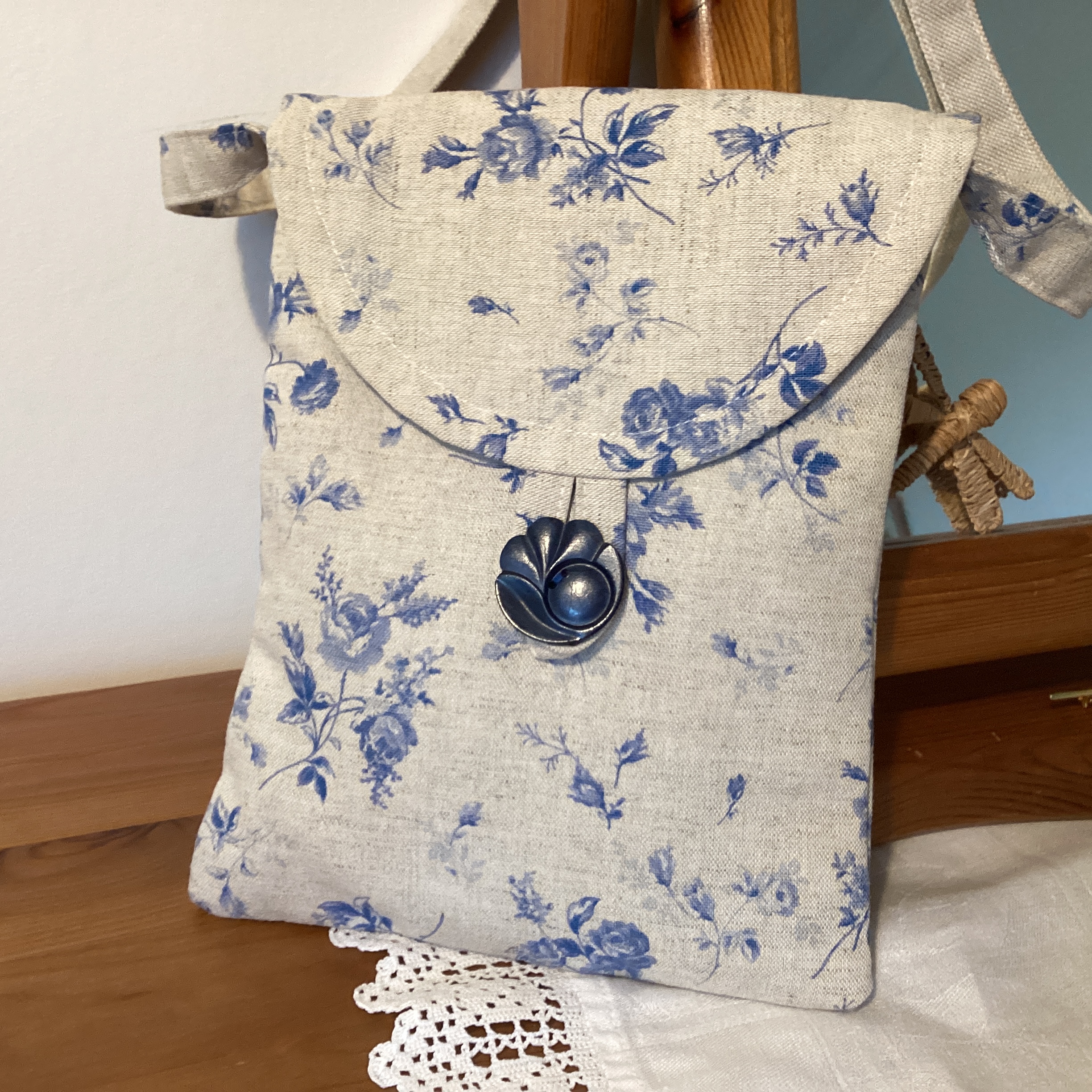 Cross Body Bag - blue floral linen