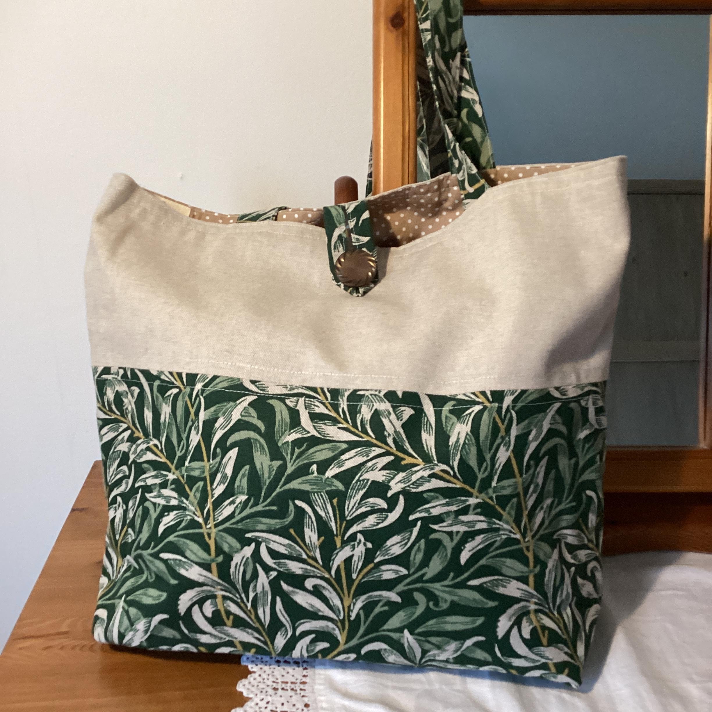 Tote Bag - vivid green leaves with beige panel