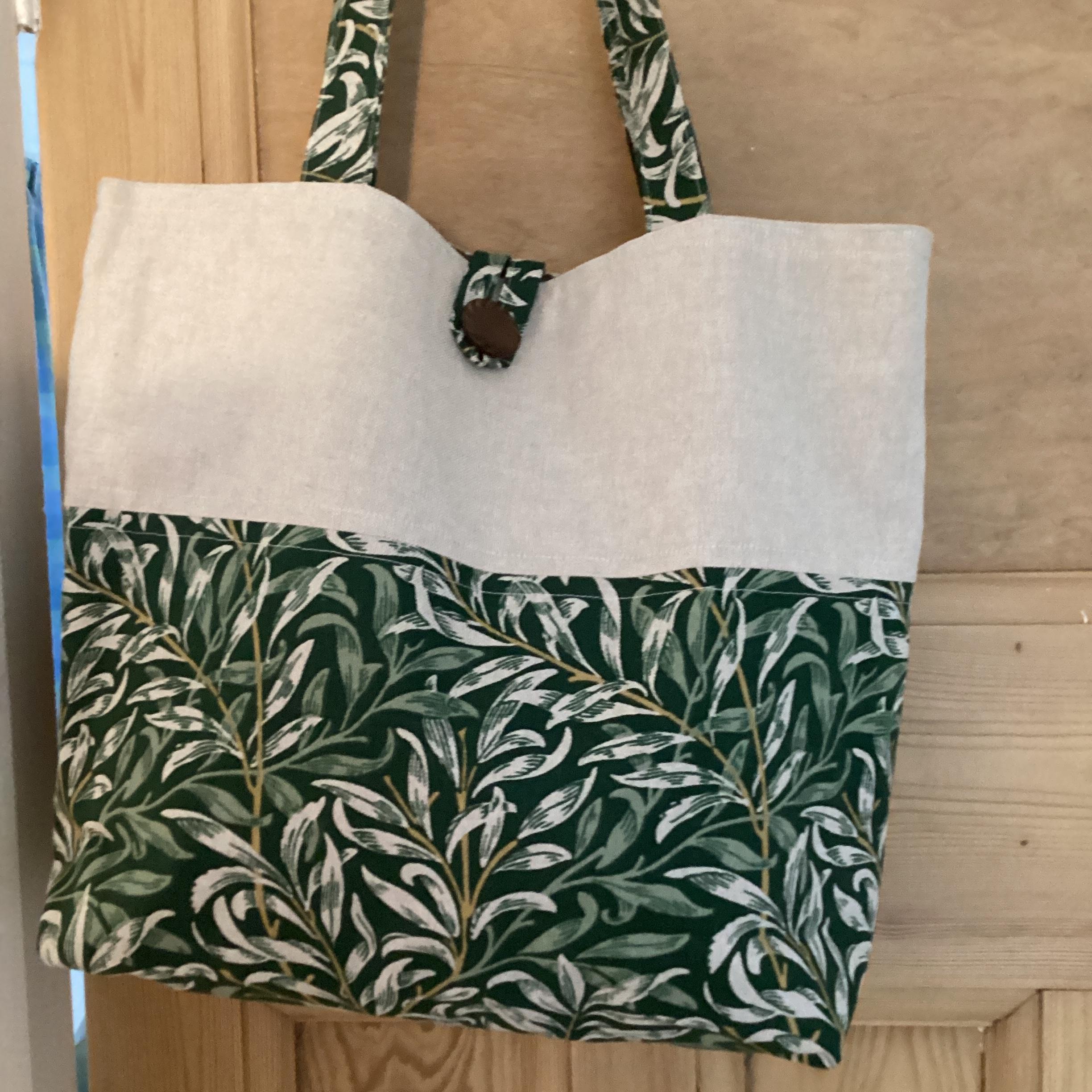 Tote Bag - vivid green leaves with beige panel