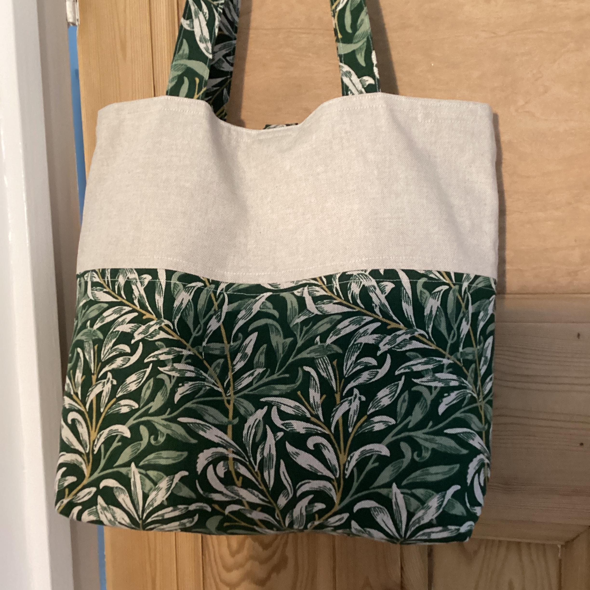 Tote Bag - vivid green leaves with beige panel