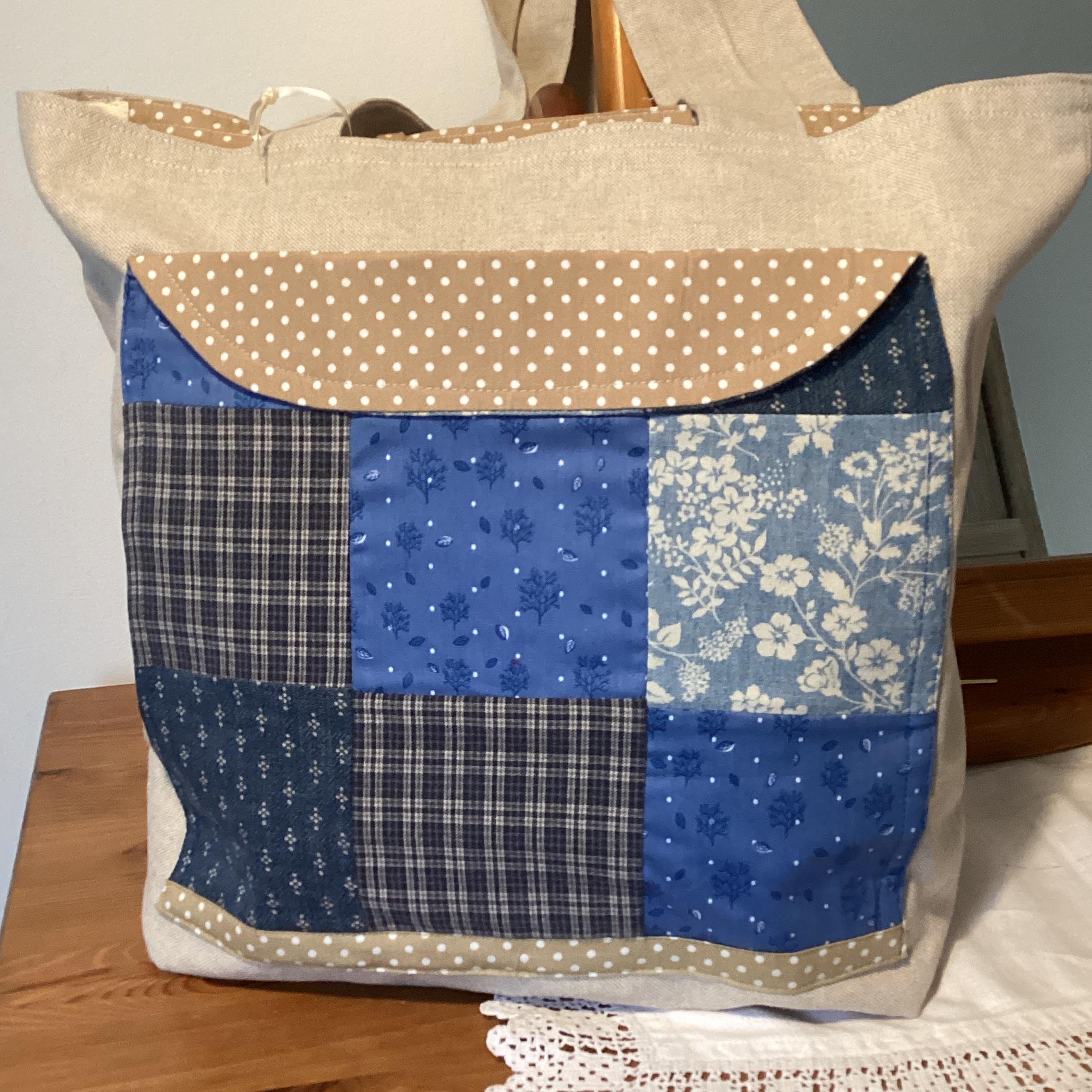 Tote Bag - beige linen with blue patchwork