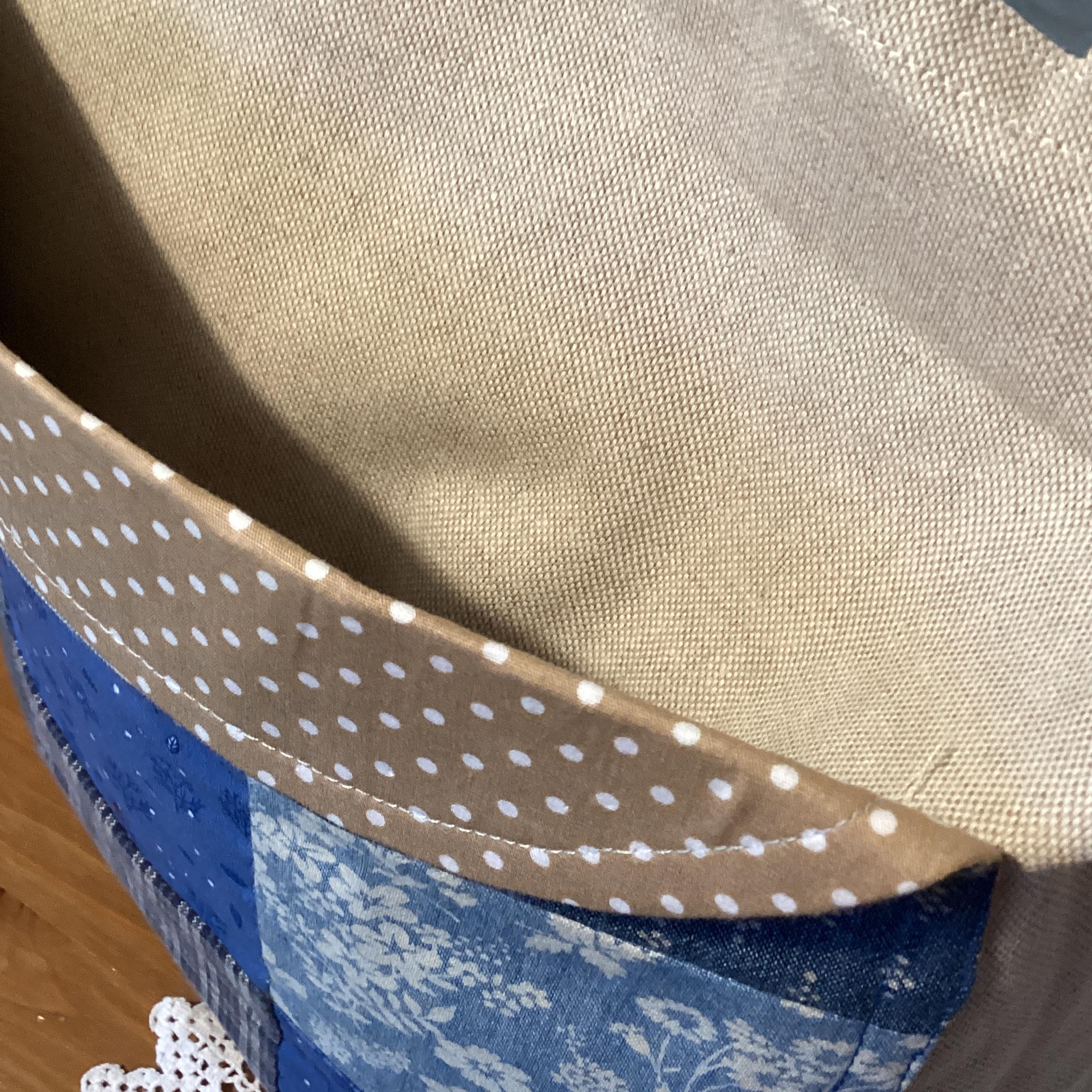 Tote Bag - beige linen with blue patchwork