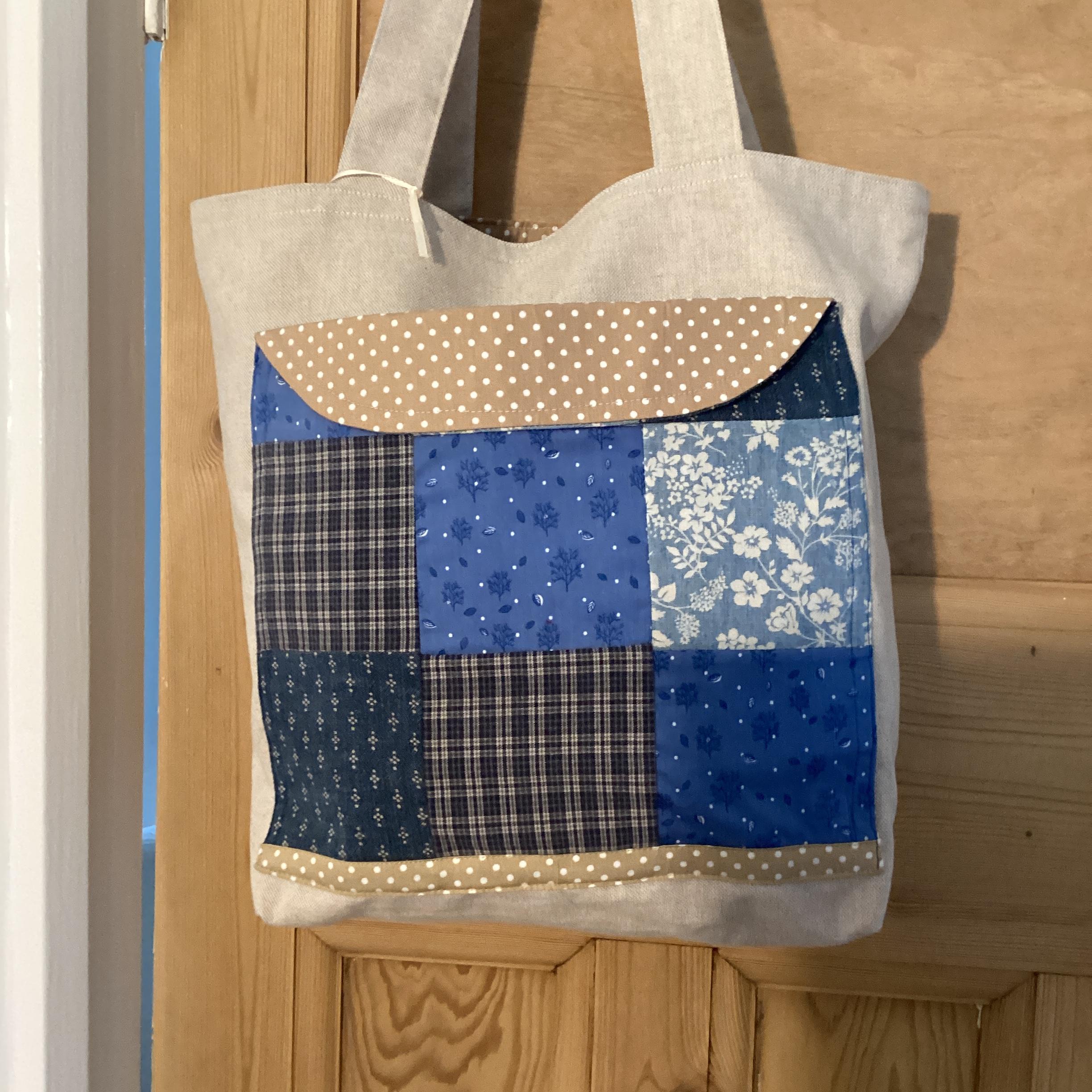 Tote Bag - beige linen with blue patchwork