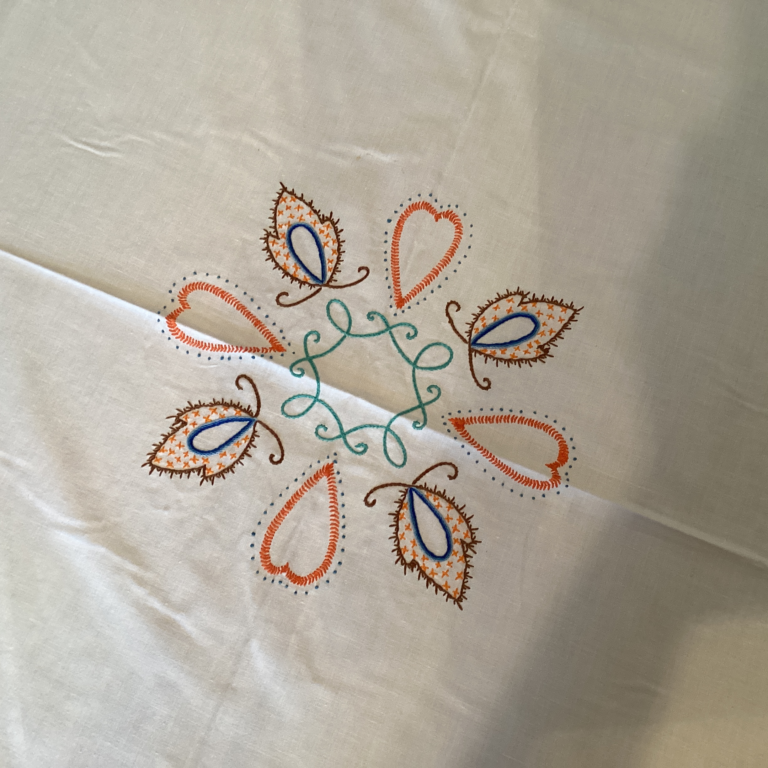 Vintage embroidered table cloth - orange hearts and leaves