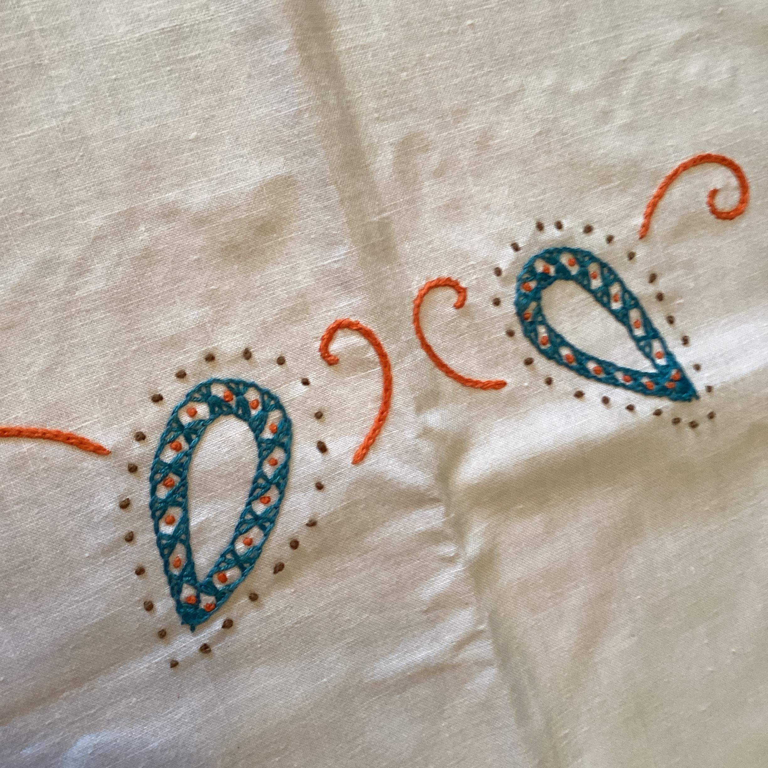 Vintage embroidered table cloth - orange hearts and leaves