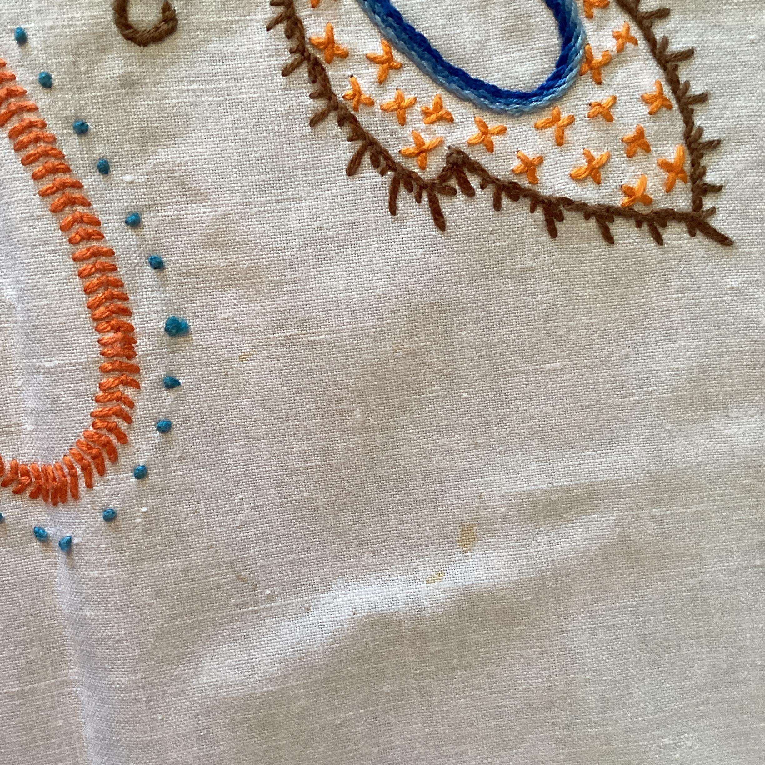 Vintage embroidered table cloth - orange hearts and leaves